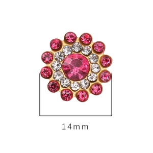 14mm pink sunflower rhinestone button with gold base and white crystal halo