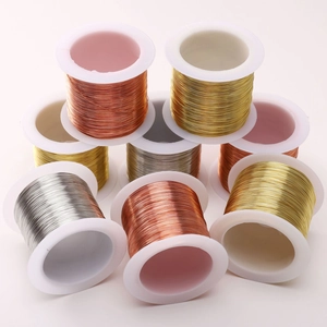 DIY jewelry beading wire set with gold silver and copper rolls on white spools