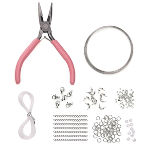Kit de herramientas para bisutería con alicates rosa, alambre de metal y cordón elástico