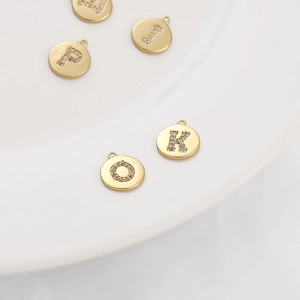 14K gold plated circular letter charms with cubic zirconia for DIY jewelry making