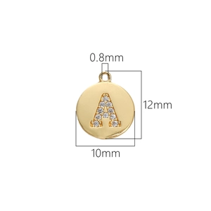 14K gold plated 10mm round letter A pendant with micro inlaid zircon for DIY jewelry