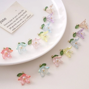 Colorful lily of the valley acrylic flower charms with green leaves for DIY jewelry