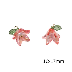Pink lily flower acrylic bead charms with white pearls for DIY jewelry making 16x17mm