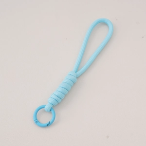 Sky blue braided paracord keychain with a matching circular spring buckle for DIY bags