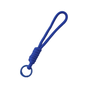 Navy blue braided polyester paracord keychain with a round metal spring ring buckle