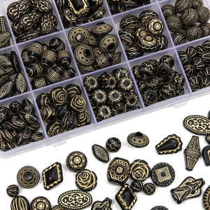 French vintage black and gold acrylic beads set for DIY jewelry making in storage box