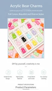 Macro shot of colorful acrylic bear charms for DIY jewelry making in a white sorting tray