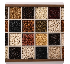 Detail of diverse wooden bead assortment for DIY jewelry in a grid organizer tray