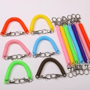 Colorful 17-18cm plastic spring keychains with metal lobster clasps on white background