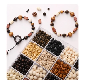 Macro shot of assorted wooden beads set in clear organizer box for DIY jewelry making