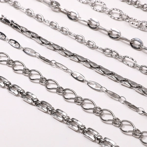 Detailed view of various silver stainless steel chain styles for DIY jewelry making
