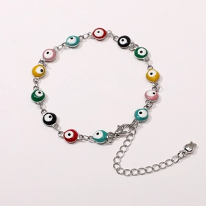 Silver chain bracelet with colorful evil eye beads, lobster clasp, and adjustable extension