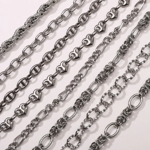 Macro shot of assorted stainless steel jewelry chains for DIY necklace making