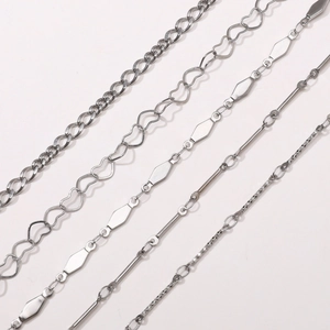 Selection of five stainless steel DIY jewelry chain styles including heart and link designs