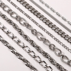 Various stainless steel DIY chain styles including Cuban and Figaro link textures