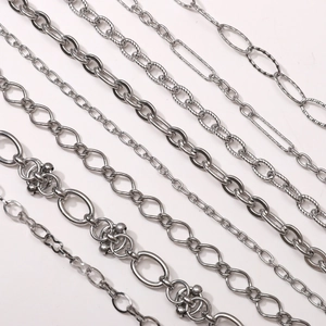 Macro view of various silver stainless steel chain links for DIY jewelry making