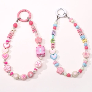 Colorful acrylic flower beads mobile phone lanyard with heart and letter charms