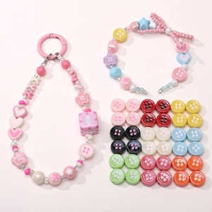DIY jewelry kit with colorful acrylic button beads and handmade pink beaded charm lanyards