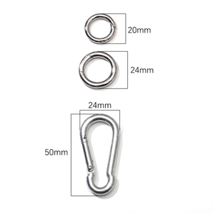 Polished silver stainless steel spring ring and carabiner set in 20mm, 24mm, and 50mm sizes