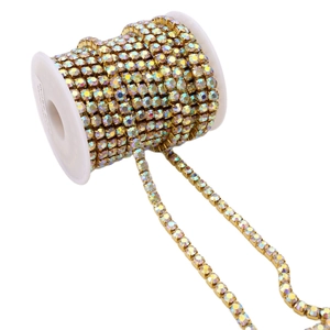 AB crystal rhinestone chain with gold metal base on spool for DIY jewelry making