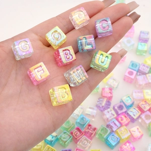Colorful 12mm acrylic letter beads with translucent iridescent finish for DIY jewelry