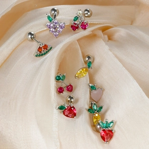 Stainless Steel Fruit Stud Earrings For Women Tiny Zirconia Cartilage Piercing Jewelry Cherry Pineapple Strawberry Apple