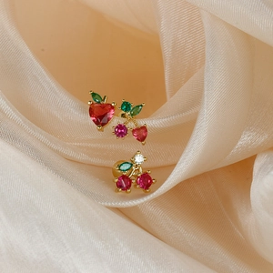 Chic cherry fruit stud earrings with red and green cubic zirconia in 18K gold plated finish
