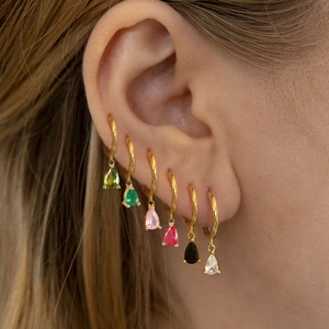 Set of 6 gold hoop earrings with colorful pear-cut zircon water drop pendants for women