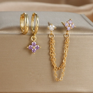 18K gold plated S925 earrings set with purple and clear zircon tassels and floral charms