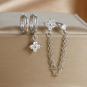 Three-piece 18K silver-plated earring set with zircon floral charms and dainty chains