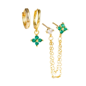18K gold plated S925 silver earring set with green gemstone flower and zircon tassels