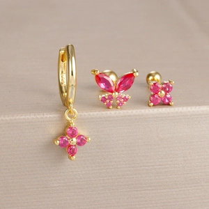 Orecchini a Cerchio e a Bottone in Rame Placcato Oro Con Strass Ciliegia Farfalla Fiore Con Perno in Argento Gioielli Donna