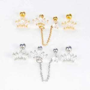 Kronen-Ohrstecker-Set in Gold und Silber mit Kettenquasten und Zirkonia-Verzierung