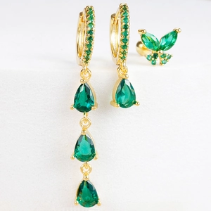 18k gouden waterdruppel oorbellen set met groene zirkoon vlinder knopjes voor vrouwen