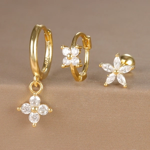 Copper Zirconia Flower Moon Star Hoop Stud Earrings With 925 Sterling Silver Earring Post Gold Silver Fashion Jewelry For Women