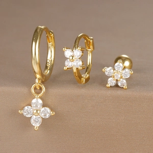 Three-piece set of gold S925 sterling silver hoop earrings with sparkling zircon flowers