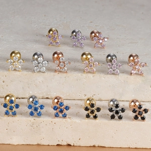 Stainless Steel Flower Screw Back Stud Earrings For Women Rhinestone Helix Piercing Jewelry Gold Silver Floral Earring