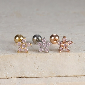 Macro detail of star and flower surgical steel cartilage studs with pink zircon stones