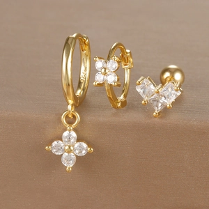 Luxury Copper Zirconia Floral Geometric Stud Earrings Set Elegant Gold Silver Zircon Earring Jewelry For Women Party Gift