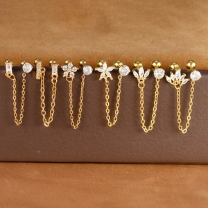 Roestvrijstalen Dubbele Piercing Ketting Verbonden Oorknopjes Voor Dames Strass Bloem Ster Geometrische Sieraden