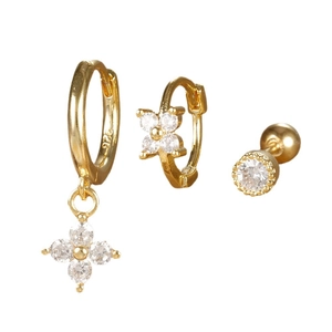 Three-piece gold plated S925 silver earring set with floral charms and zircon stones