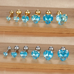 Stainless Steel Heart Stud Earrings Blue Rhinestone Inlaid Screw Ball Back Cartilage Piercing Jewelry Women Trendy Earring