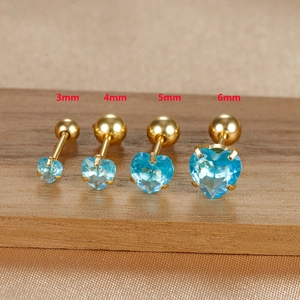 Golden heart earrings with blue zircon in 3mm to 6mm sizes with screw back ball closure