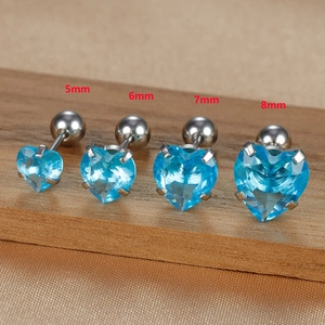 Blue heart zircon stud earrings in stainless steel with 5mm to 8mm size comparison