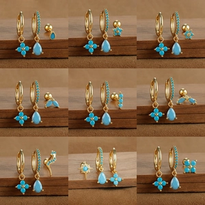 Boho Copper Turquoise Dangle Hoop Earring Set With 925 Sterling Silver Earring Post Gold Silver Flower Drop Jewelry For Women