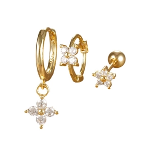 S925 silver gold-plated floral earrings set with zircon micro-pavements on white backdrop
