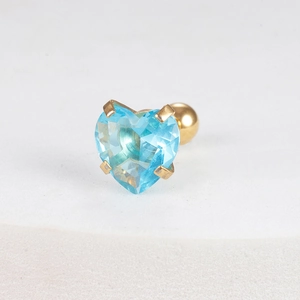 Elegant heart-shaped blue zircon stud earring with a golden screw back and 4-claw setting