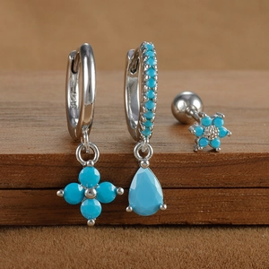 Macro view of 925 sterling silver turquoise floral earrings with S925 hallmark