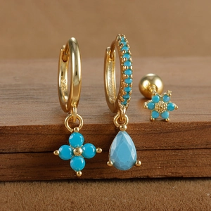 Golden S925 silver hoop earring set with turquoise blue stone and floral charms