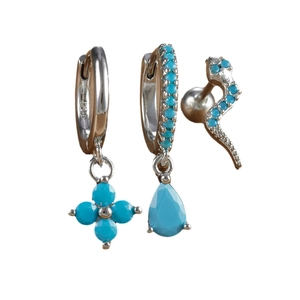 Three-piece silver earrings set with turquoise stones and a snake-shaped stud earring